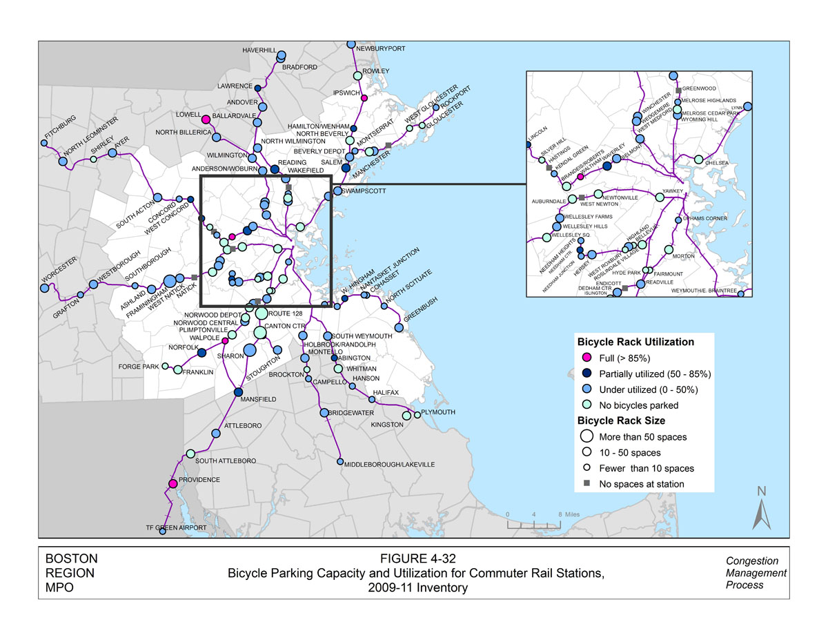 This figure displays the bicycle parking capacity and utilization at MBTA commuter rail stations for the years 2009 to 2011. The data on this map were collected between 2009 and 2011. Full utilization of bicycle parking is indicated in pink, partially utilized is displayed in navy blue, underutilized stations are displayed in light blue, and stations with no bicycles parked are displayed in teal. Large rack size (more than 50 spaces) is indicated with a large circle, medium rack size (10 to 50 spaces) is indicated with a medium circle, and small rack size (fewer than 10 spaces) is indicated with a small circle. A gray square indicates there is no bicycle parking at this station. There is an inset map that displays the bicycle parking utilization rates for the inner core region of Boston.